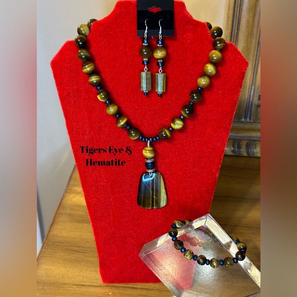 2Pc Handcrafted Tigers Eye & Royal Hematite Necklace & earring set.